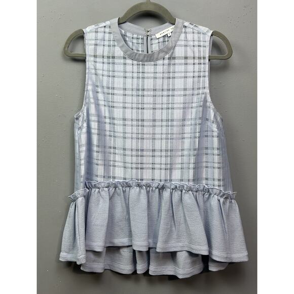English Factory Top Womens Small Gray Plaid Sleeveless Ruffle Hem Peplum Blouse - Picture 1 of 7